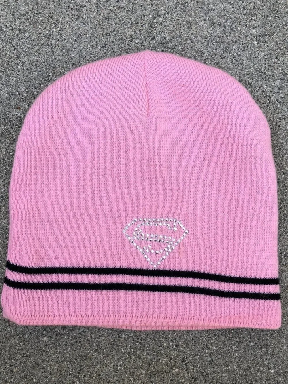 Vintage SUPERMAN SUPERGIRL Reversible Beanie Hat Women's Rhinestone Pink Black